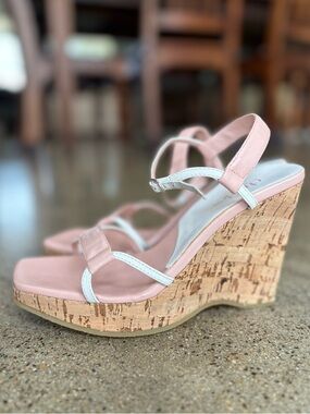 Charles by Charles David ankle strap wedges in pink/white leather.  worn once